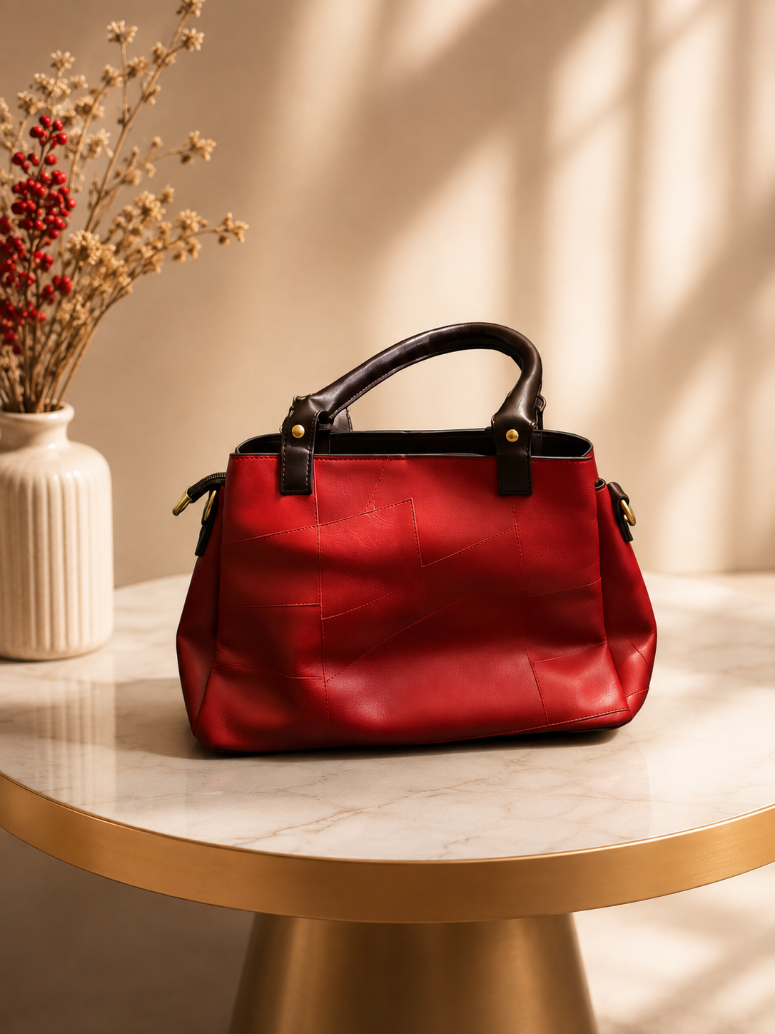 The Scarlet Geometric Patchwork Vegan Leather Tote – Crimson & Dark Brown