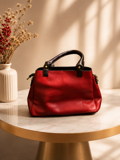 The Scarlet Geometric Patchwork Vegan Leather Tote – Crimson & Dark Brown