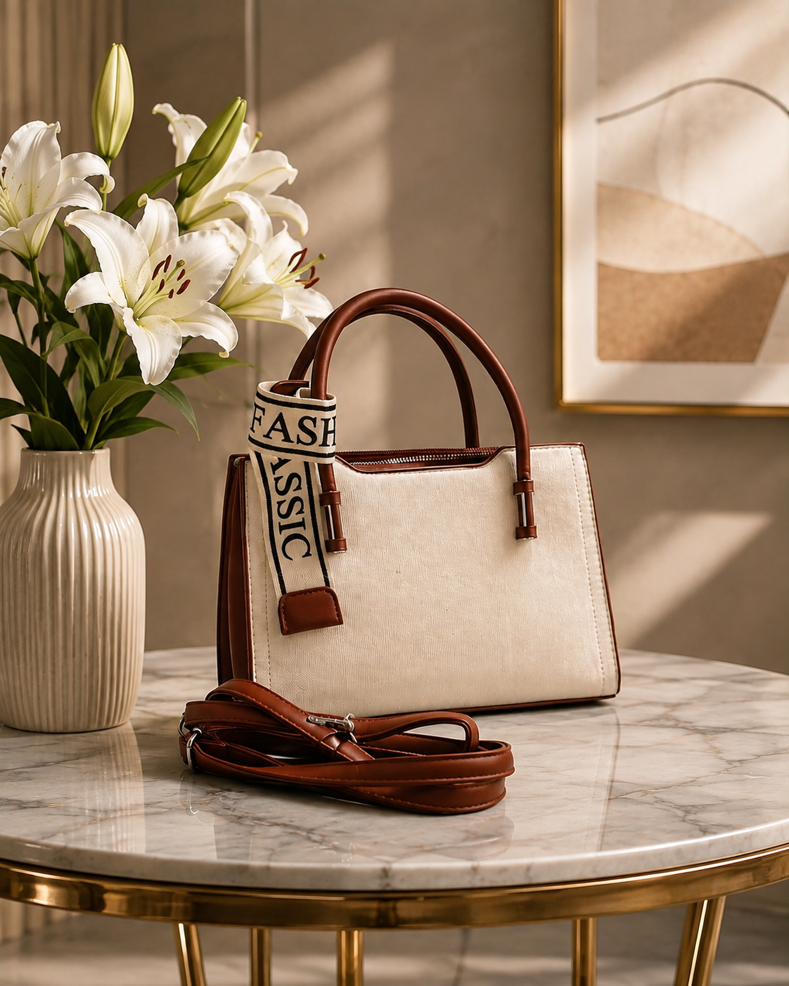 The Canvas Classic Structured Satchel & Crossbody – Off-White & Cognac