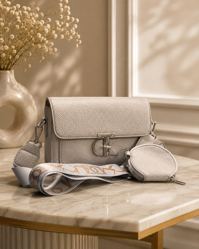 The Elise Textured Flap Crossbody & Mini Purse Set – Cream