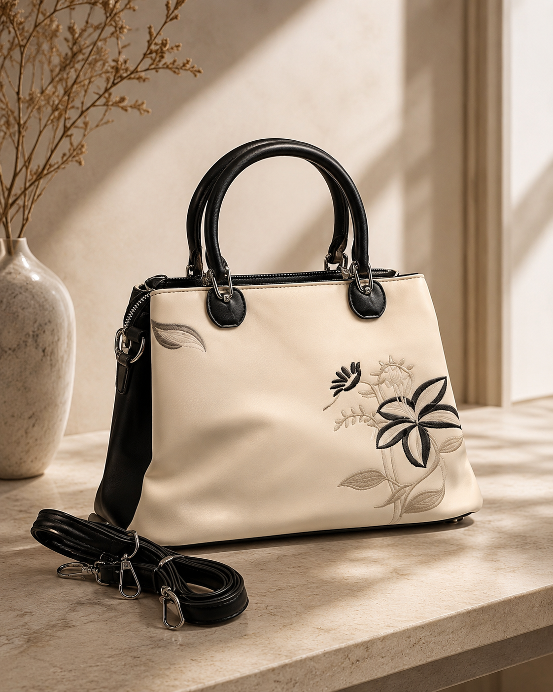 The Elara Floral Embroidered Tote & Crossbody – Cream & Black