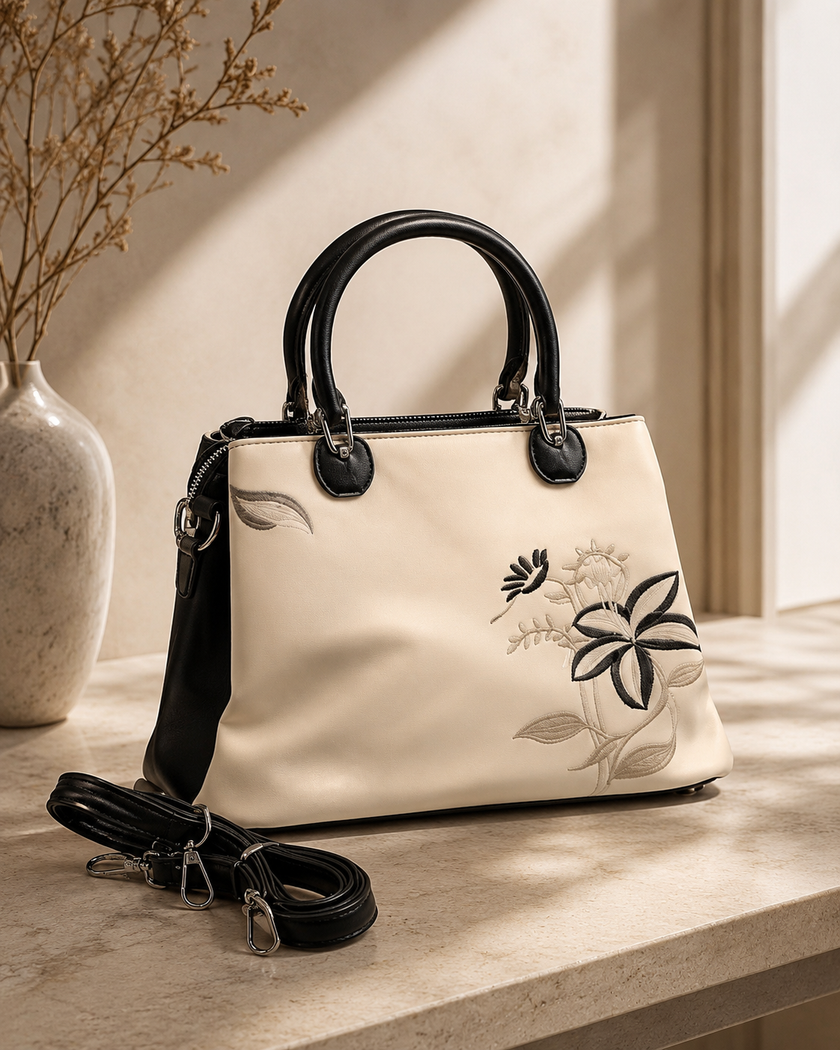 The Elara Floral Embroidered Tote & Crossbody – Cream & Black