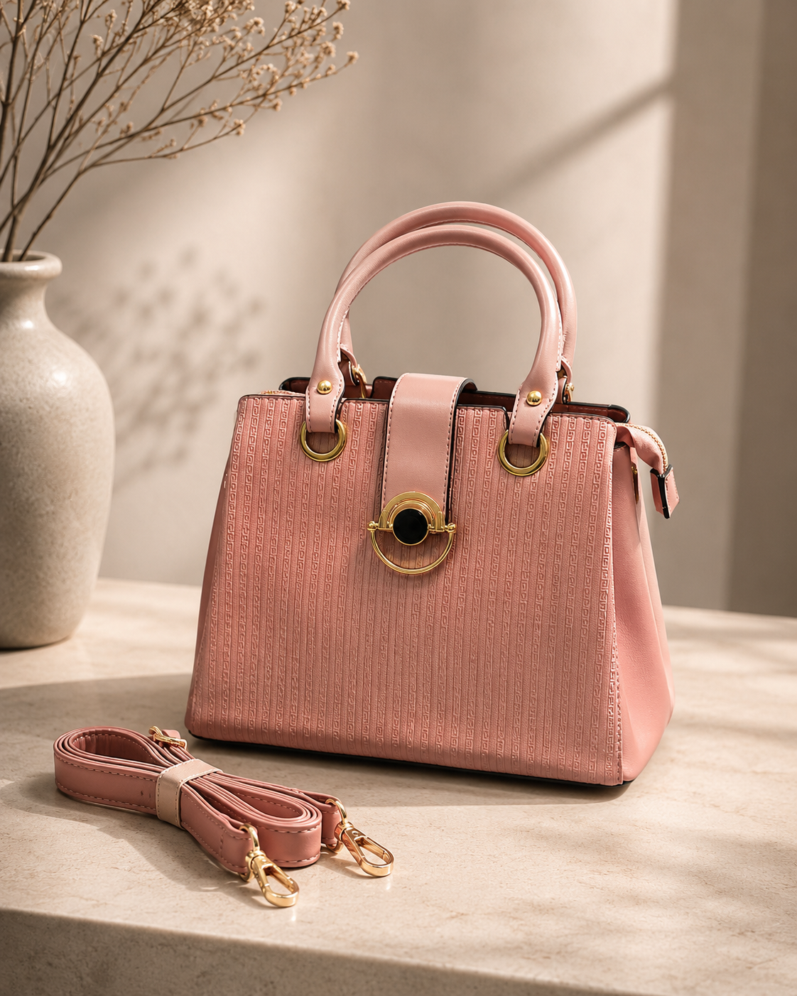The Amara Textured Structured Tote & Crossbody – Blush Pink