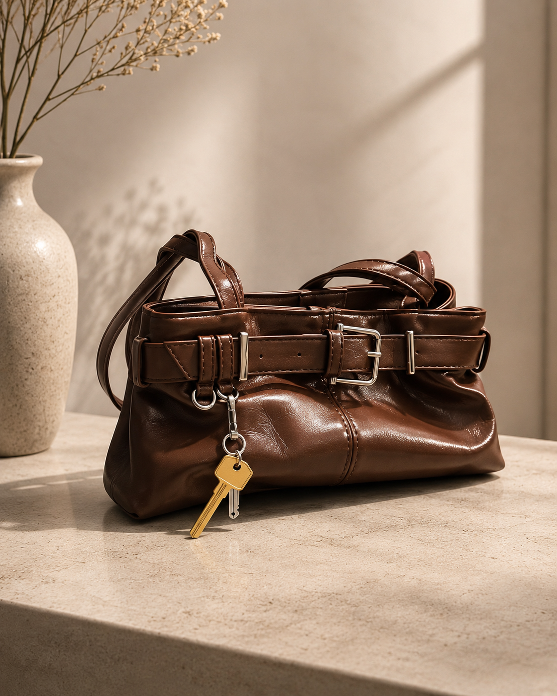 The Brielle Belted Slouch Shoulder Bag – Chocolate Brown