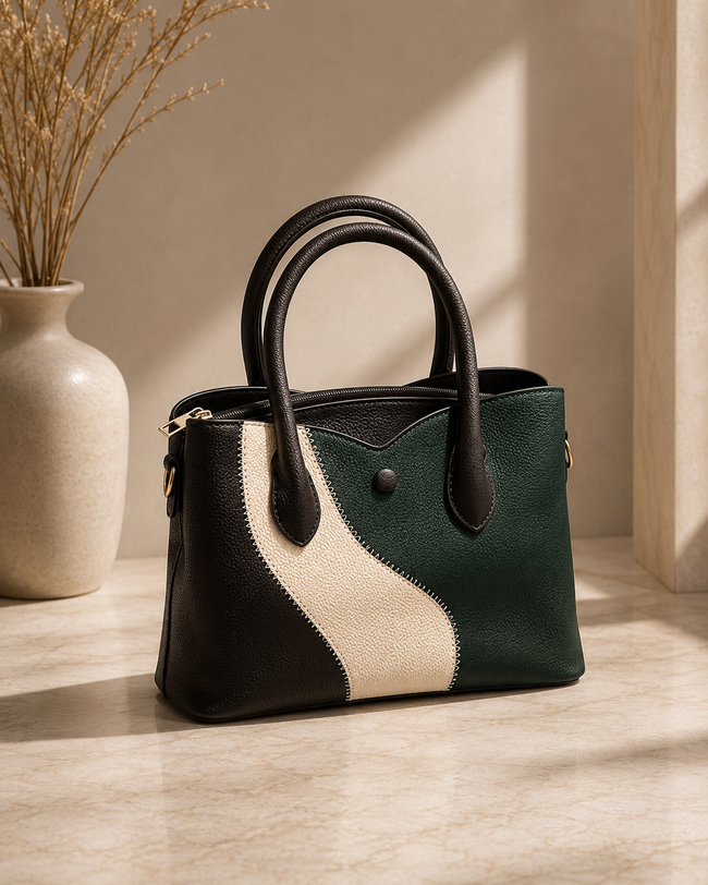 The Elara Color-Block Structured Tote – Black, Green & Ivory