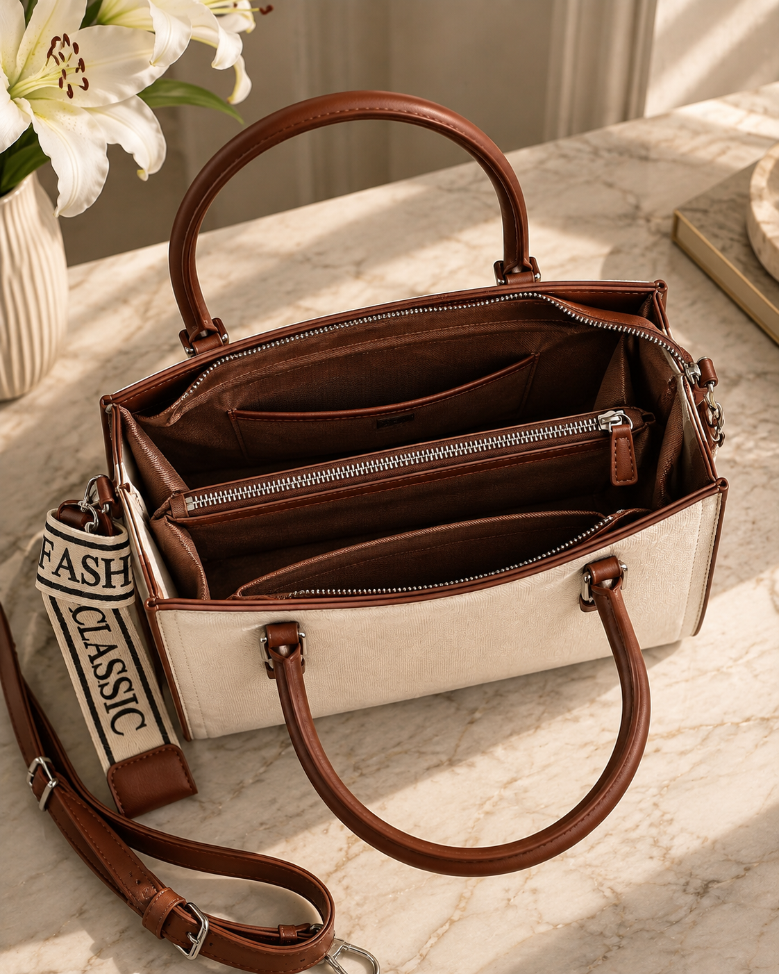 The Canvas Classic Structured Satchel & Crossbody – Off-White & Cognac