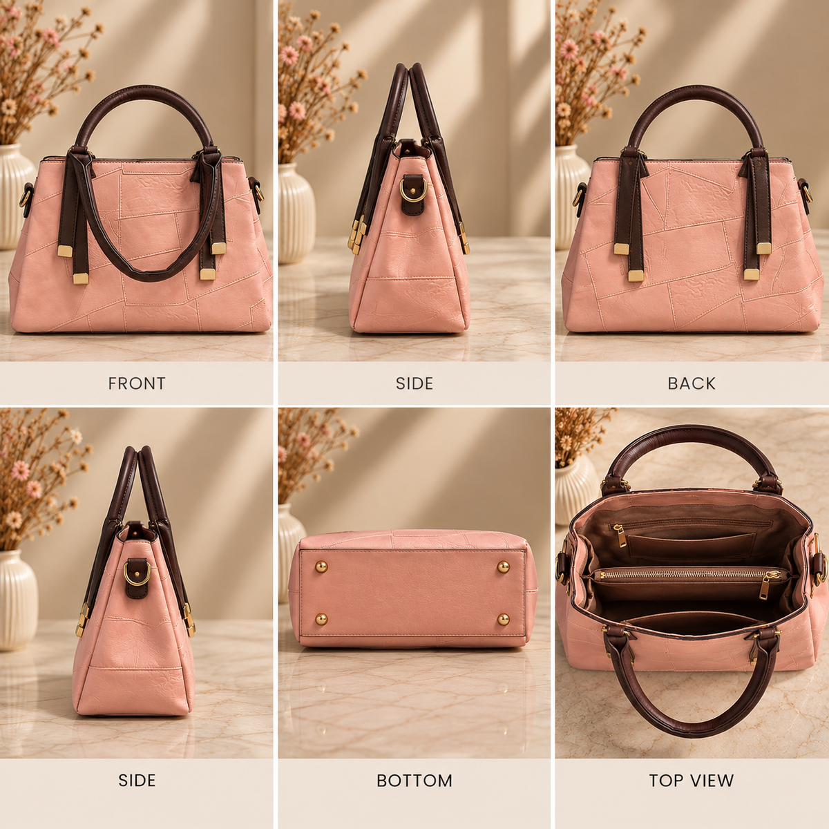 The Blush Geometric Patchwork Vegan Leather Tote – Soft Pink & Espresso