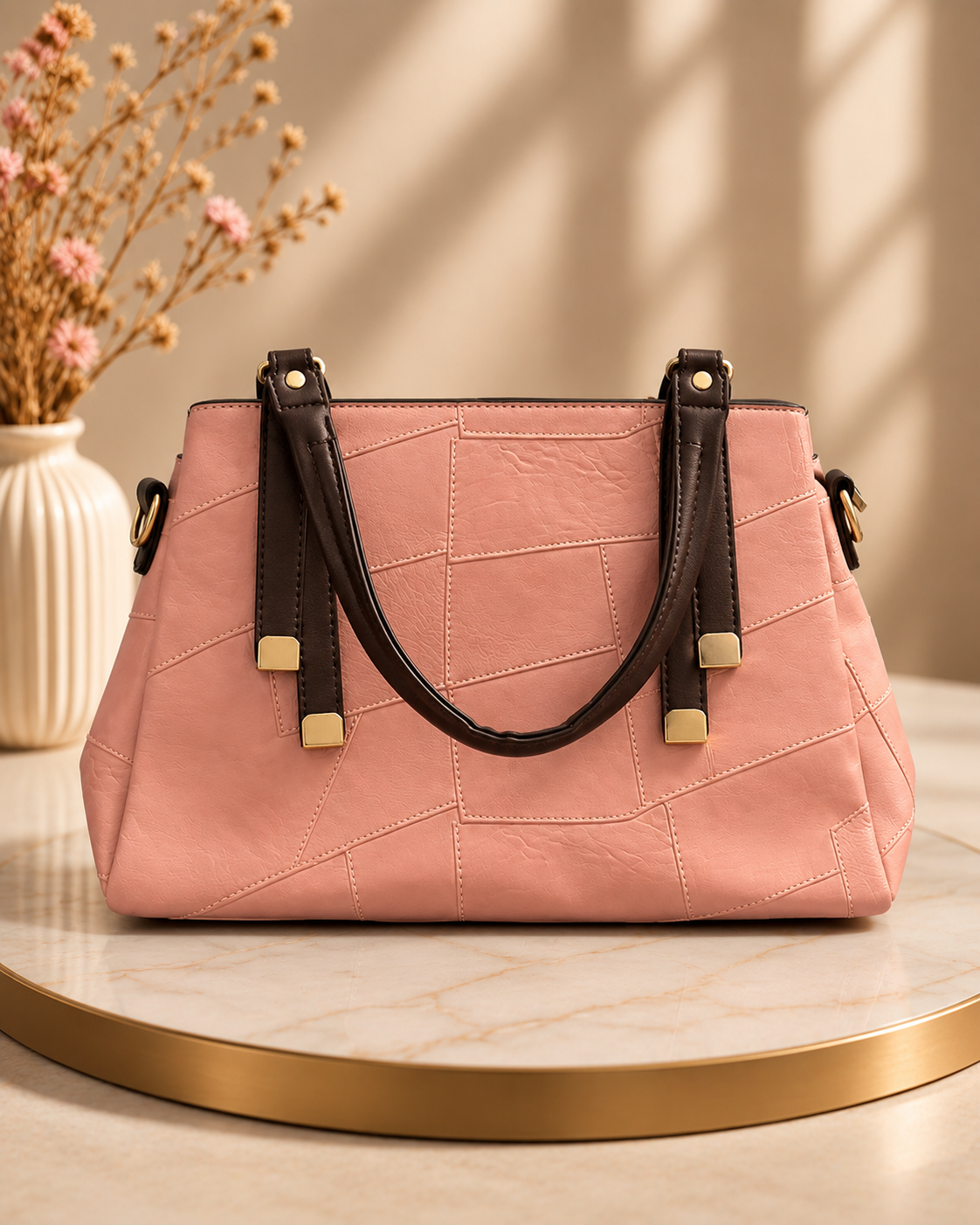 The Blush Geometric Patchwork Vegan Leather Tote – Soft Pink & Espresso
