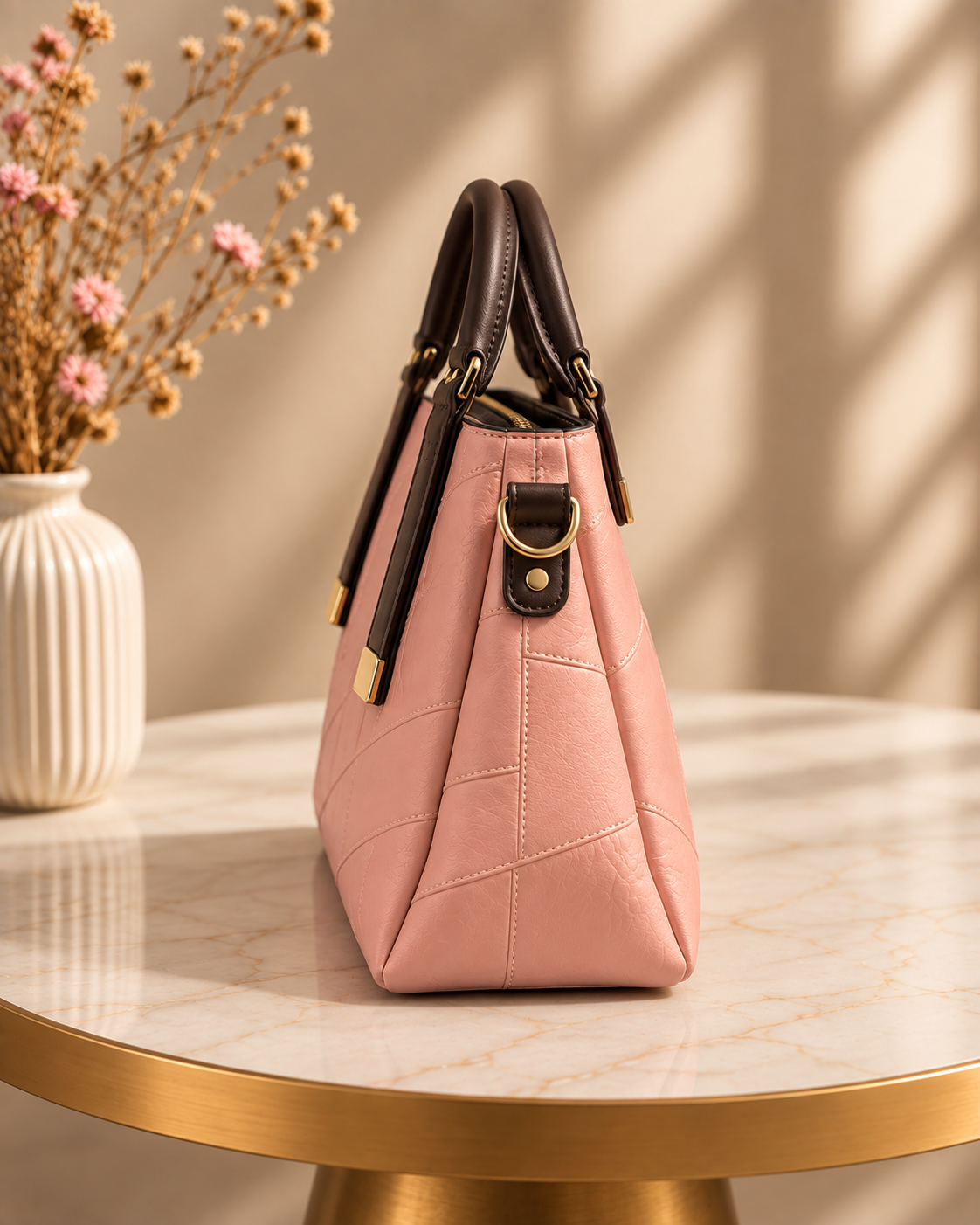 The Blush Geometric Patchwork Vegan Leather Tote – Soft Pink & Espresso