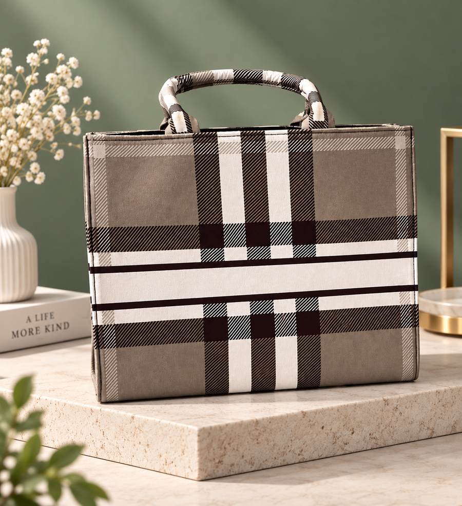 The Harper Plaid Structured Tote – Taupe, Black & Ivory