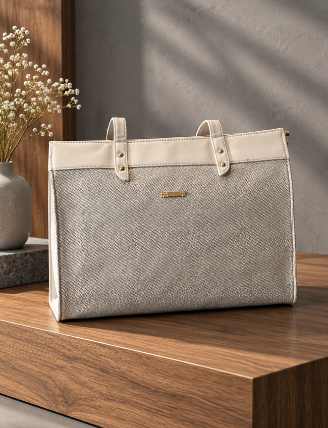 Elara Textured Panel Tote Bag – Ivory & Taupe