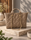 Serena Quilted Chain-Detail Tote Bag – Taupe