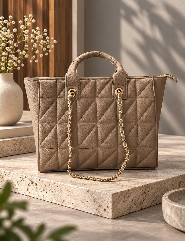 Serena Quilted Chain-Detail Tote Bag – Taupe