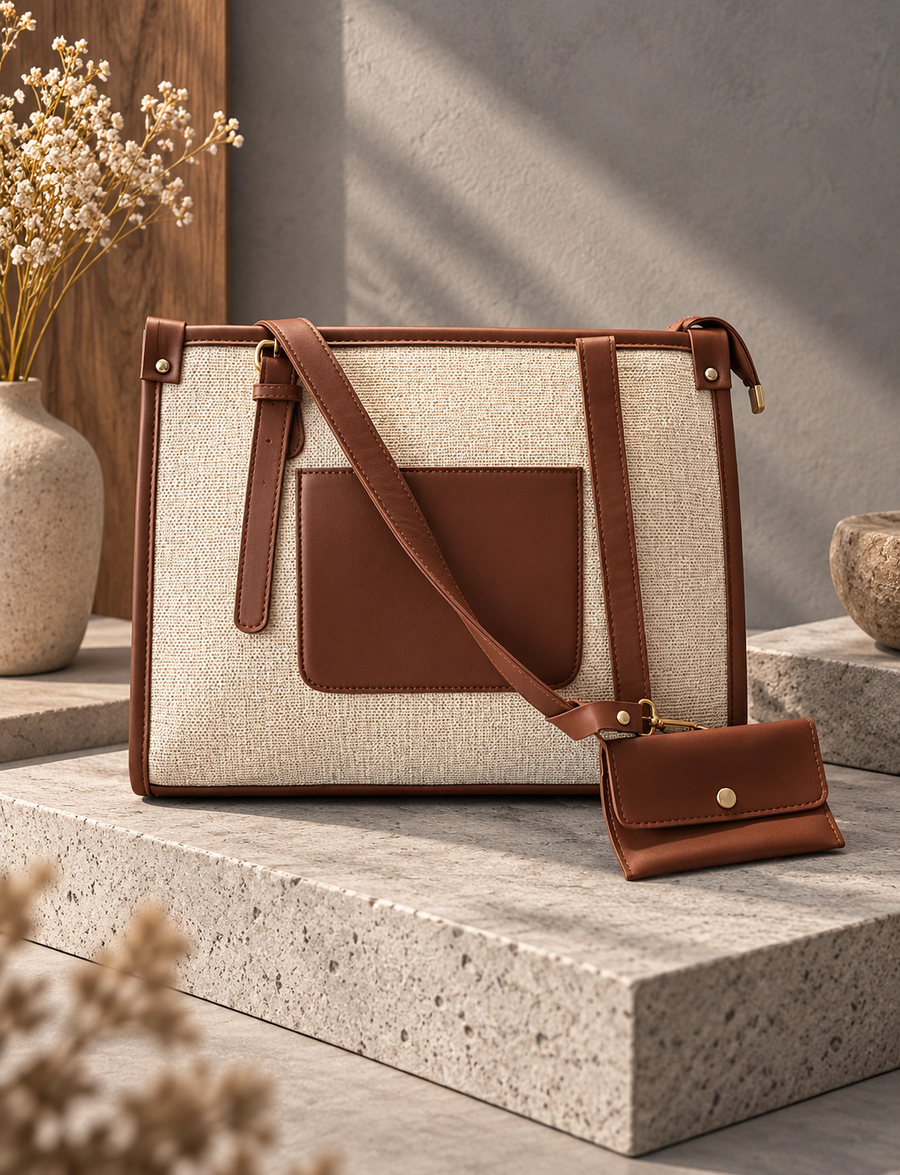 Aurelia Canvas & Leather Tote Bag – Brown & Cream
