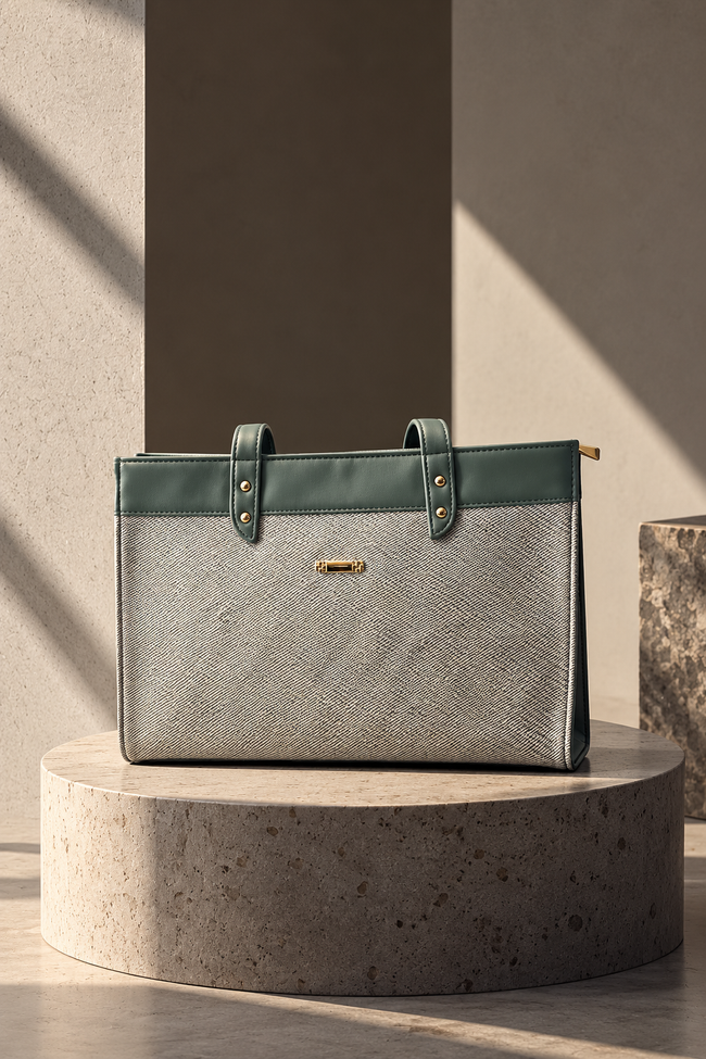 Elora Textured Contrast Tote Bag – Sage Green & Beige