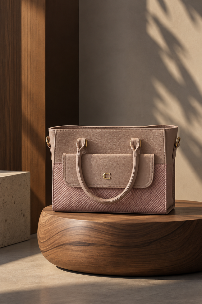 Amelia Textured Two-Tone Tote Bag – Beige & Dusty Pink