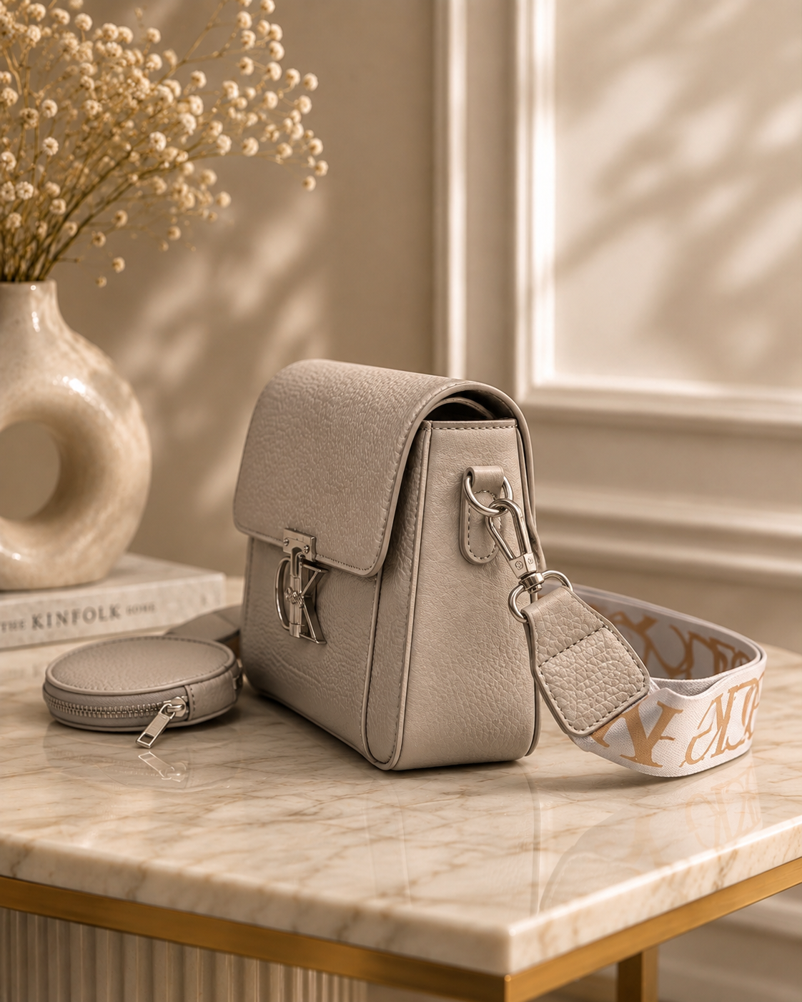The Elise Textured Flap Crossbody & Mini Purse Set – Cream