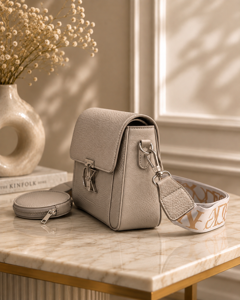 The Elise Textured Flap Crossbody & Mini Purse Set – Cream