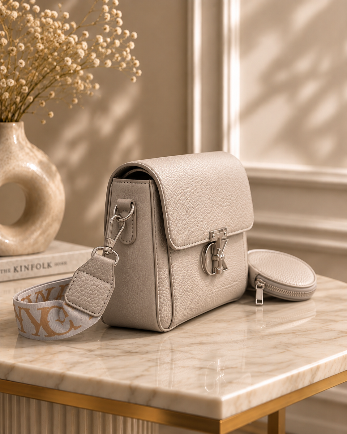 The Elise Textured Flap Crossbody & Mini Purse Set – Cream