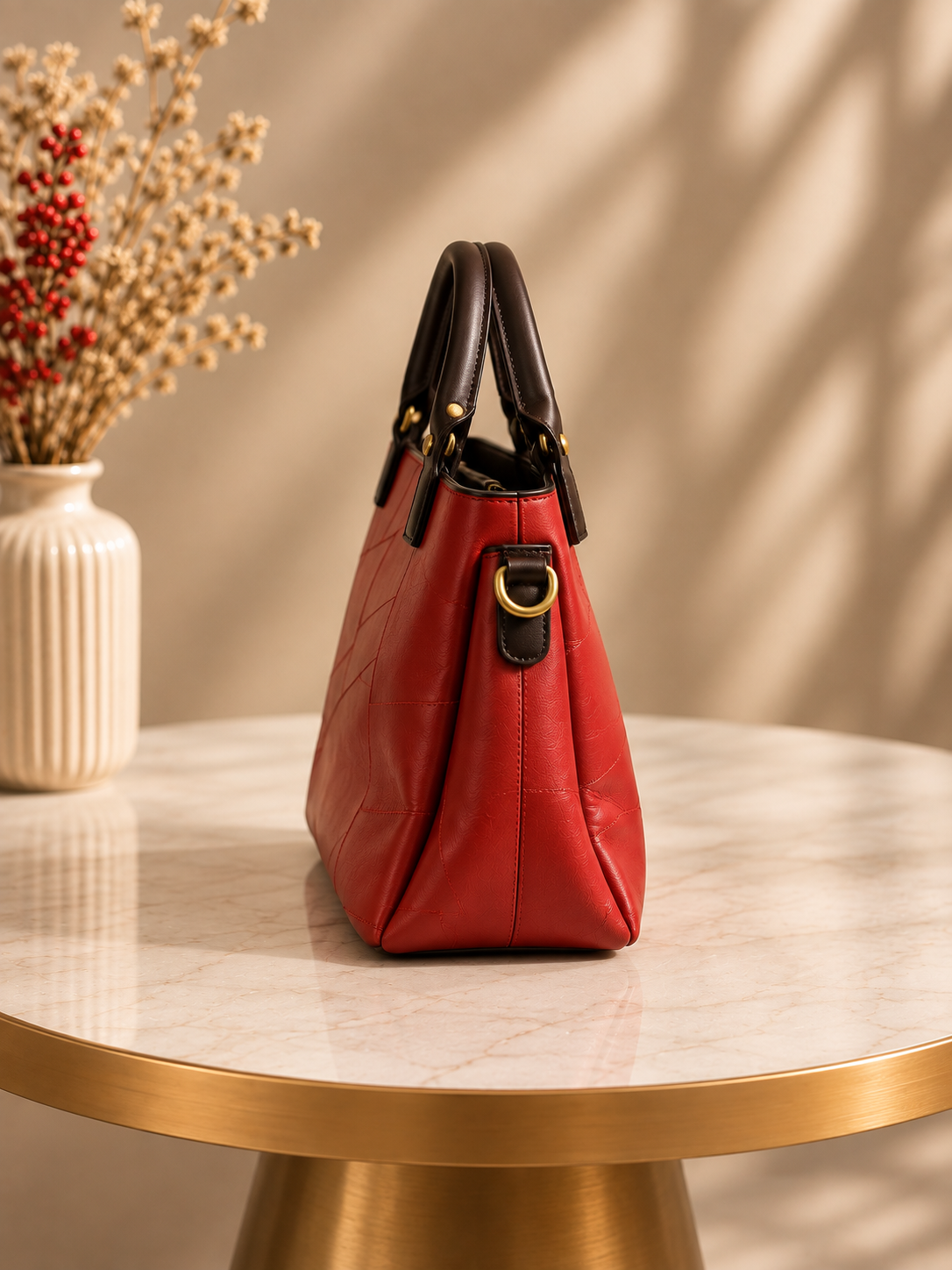 The Scarlet Geometric Patchwork Vegan Leather Tote – Crimson & Dark Brown