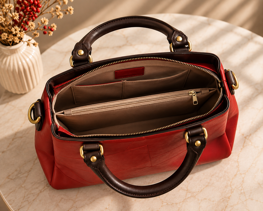 The Scarlet Geometric Patchwork Vegan Leather Tote – Crimson & Dark Brown
